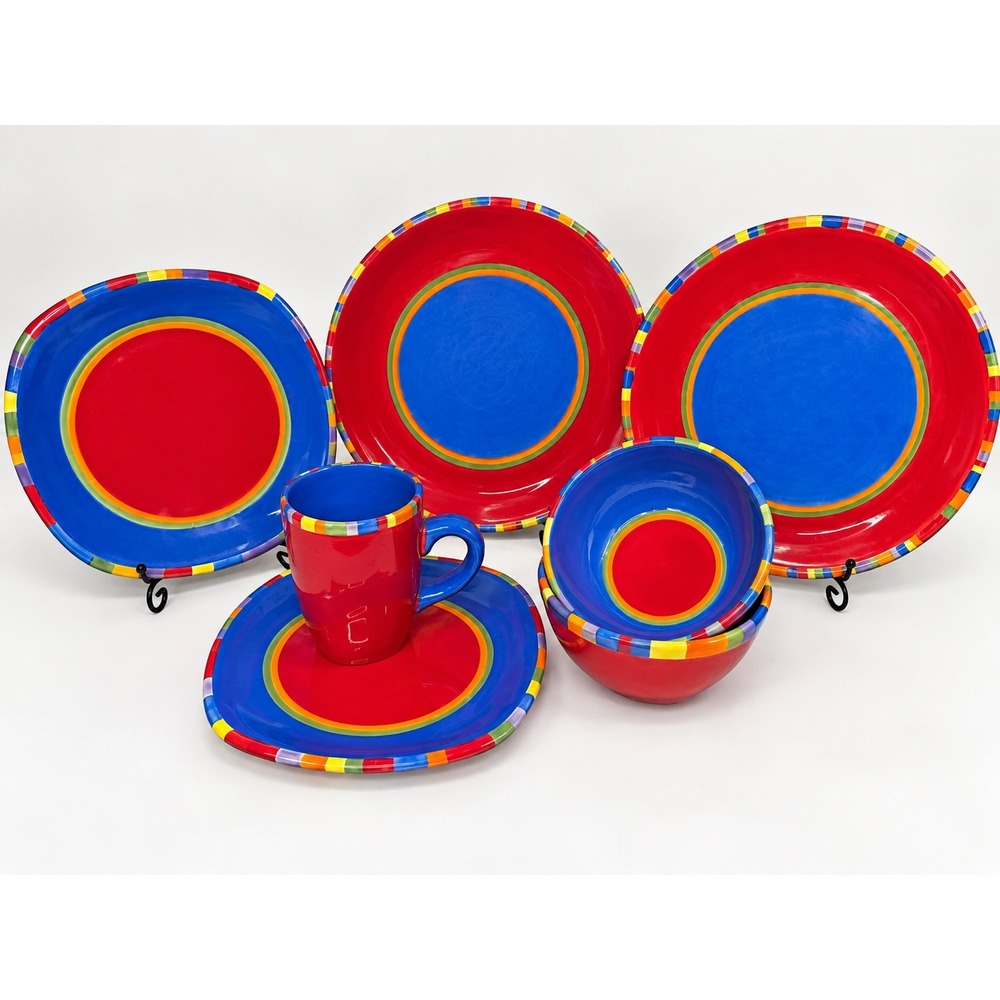 Dansk Caribe Antigua Stripe 7 Pc Set Handpainted Red Blue Dinnerware Plates Bowl